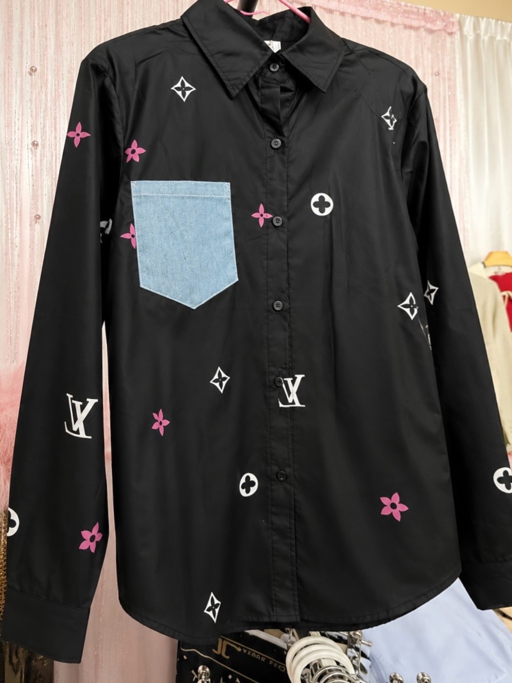Black woman's Button-Up Shirt with Pink&white Accents and Light Denim Pocket